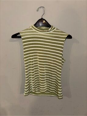 Vintage Sleeveless Striped Mock Neck Top - Olive & White